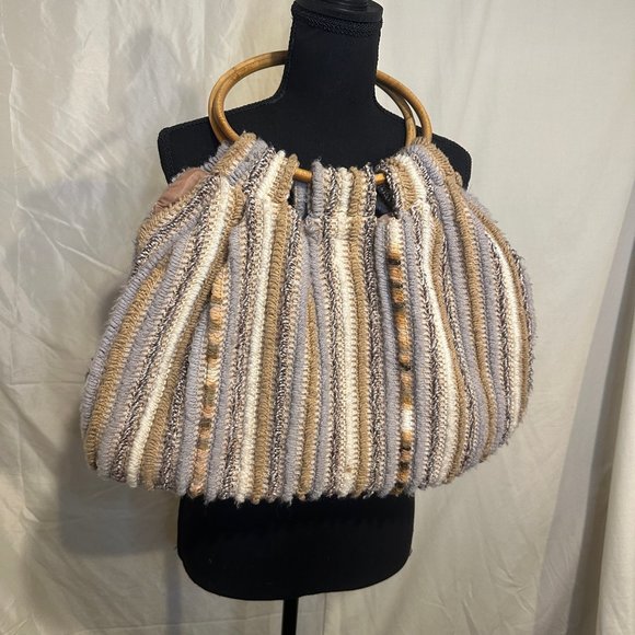 Vintage Knapp Sacs Of California 1970’s Knit Round Wood Handle HandBag - Picture 3 of 14